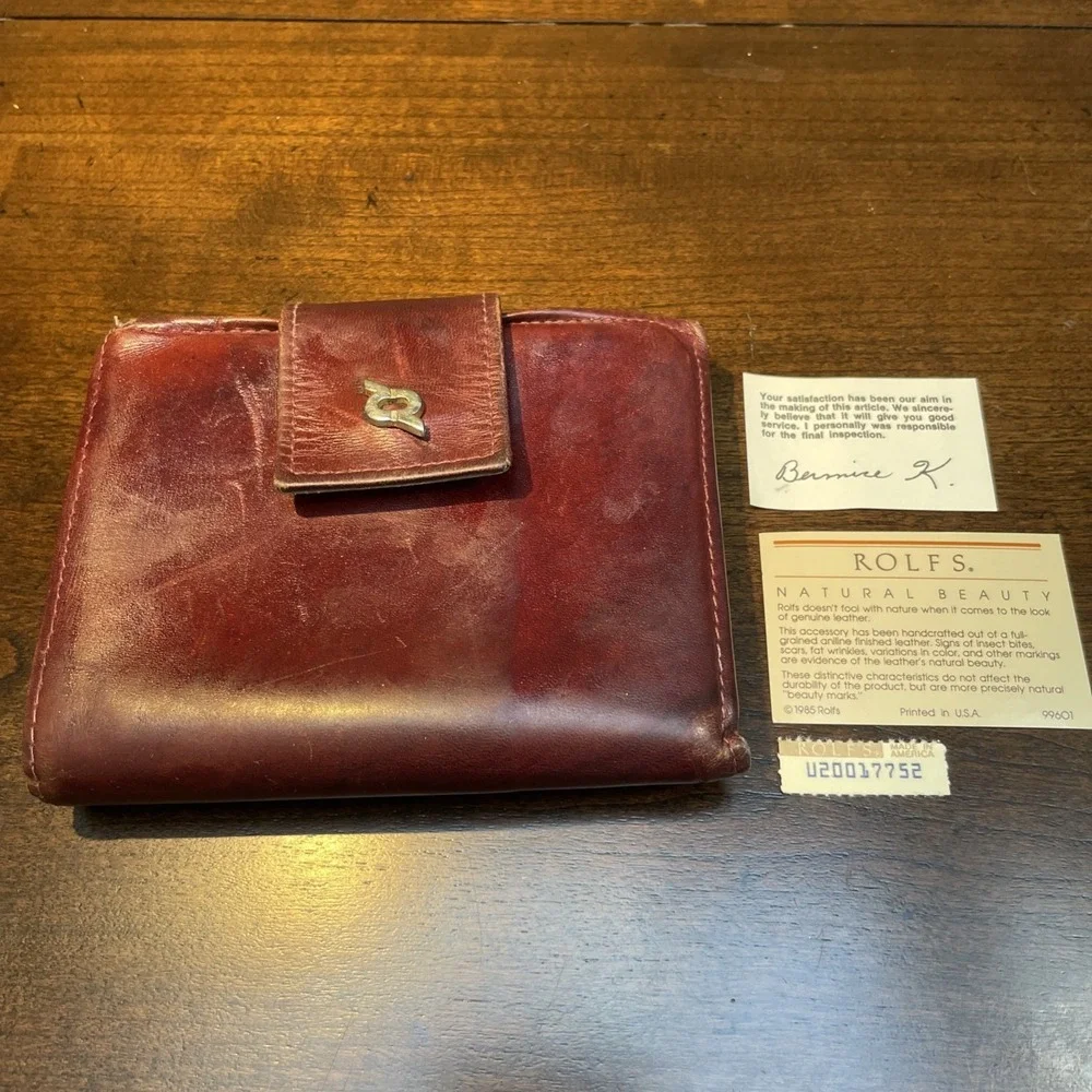 VTG Rolfs Wallet Men's Cowhide Wine Burgundy Cards Photos NOS 5